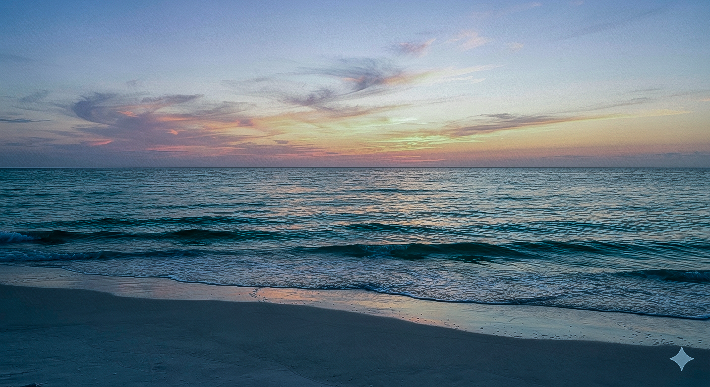 Sunset over calm ocean waves on the shore