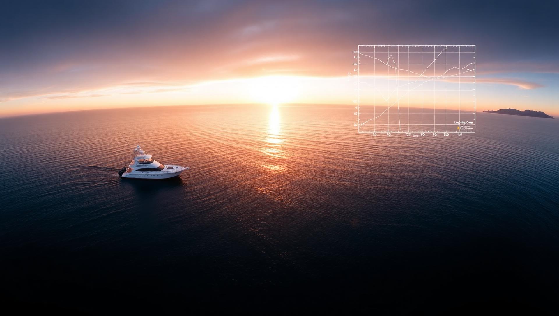 Sportfishing vessel on the ocean horizon at golden hour